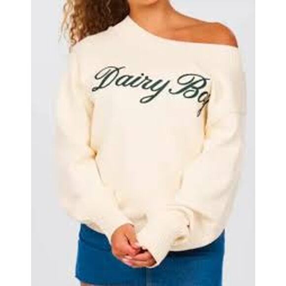 Dairy Boy Southport Sweater Cream Cotton Knit Off Shoulder Pullover Size M - Picture 1 of 7